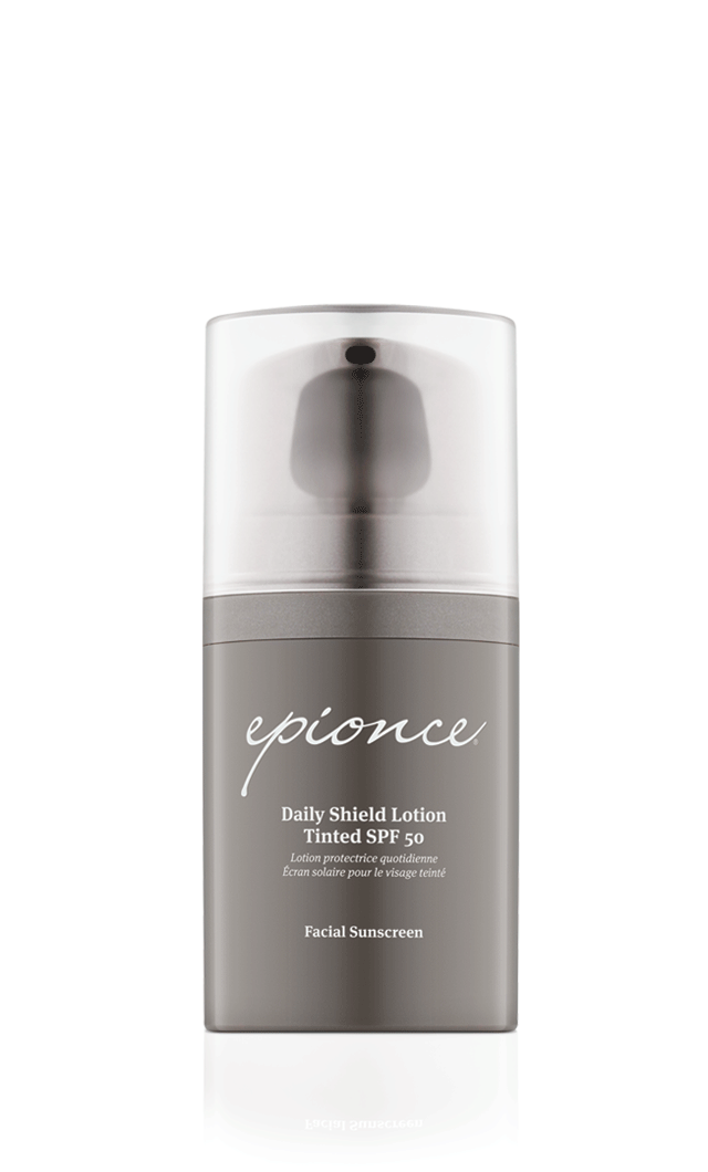 DAILY SHIELD LOTION TINTED SPF 50 SUNSCREEN": Protect your skin daily with our tinted SPF 50 sunscreen lotion.