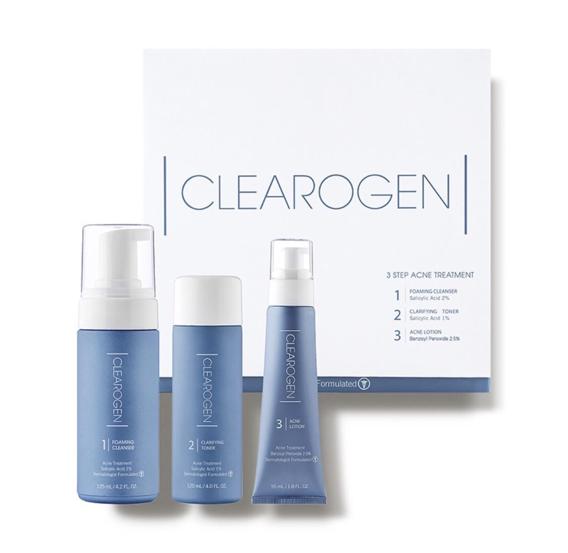 CLEAROGEN 3-Step Acne Treatment": Achieve clear skin with prescription-grade ingredients and natural botanicals.